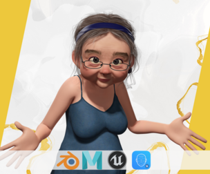 Cartoon old woman with casual clothes and glasses