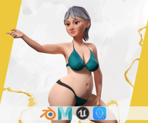 Curvy old lady character in swimsuit bikini