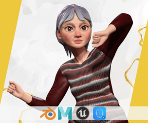 Animated mother character in winter casual outfit