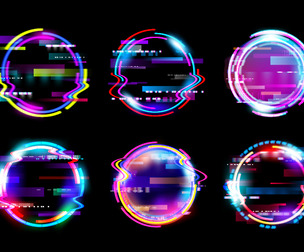 Glitched Neon Circular Frames, Abstract Circles, Holographic Technology, Bright Light, EPS