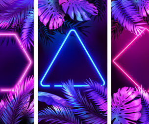 Neon Geometric Shapes, Tropical Leaves, Diamond Glow Frame, Futuristic Poster, EPS File