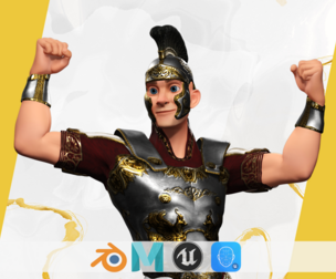 Cartoon Roman soldier in armor with battle outfit