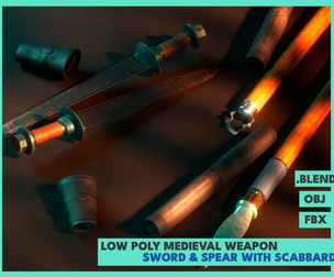 Low Poly Medieval Weapon Sword and Spear with Scabbard