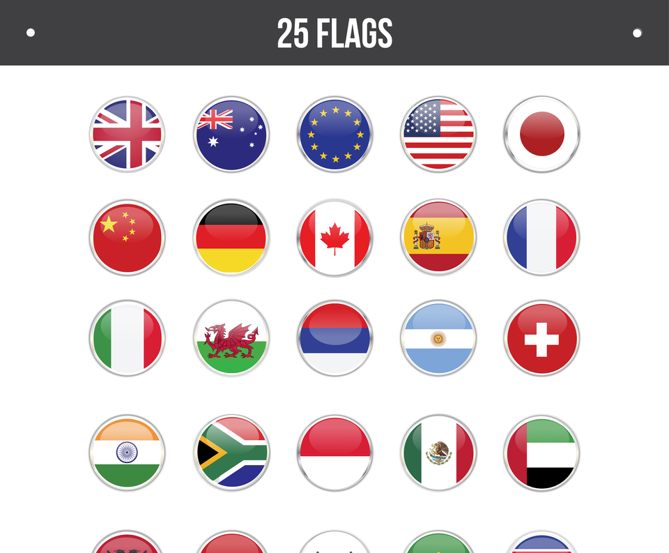 25 Flags Round Set, International Country Flags in Circular Icons, EPS File