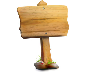 Single blank wooden signpost with screws on board ladybug on stone and green grass, EPS File