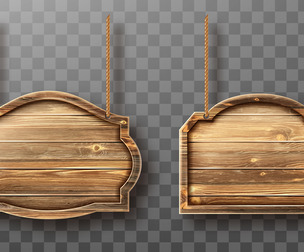 Wooden boards hang on ropes set. Realistic signboards wood texture. EPS File