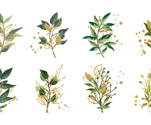 Gold Green Tropical Leaves, Floral Watercolor, Botanical Greenery, EPS File