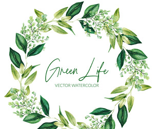 Green watercolor leaves, branches wreath, hand drawn, EPS File