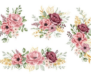 Elegant Floral Watercolor Pink Burgundy Flower, EPS File