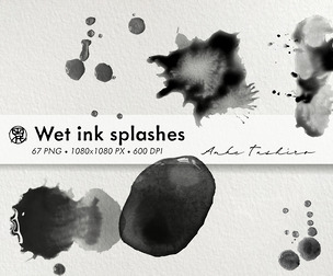 Wet Black Ink Splashes Set PNG Clipart 300 DPI Printable Instant Download