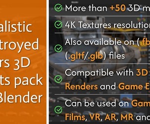(100) Realistic Destroyed Cars 3D Assets Pack For Blender Vol 1