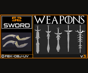 52 Sword Models - Cold Weapons - Sword Base Mesh-Sword Low Poly Model & Uv- Vol 03