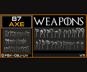 87 Models Of Weapons -Axe Base Mesh - Cold Weapons-3D Model And UV - Vol 11