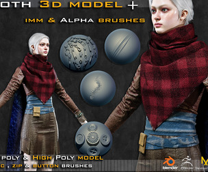 Woman Fantasy Cloth 1 3D Model + 75 Free Zbrush & Blender  Brushes +  tutorial