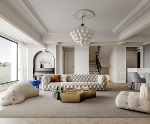 Modern classic living room dining room kitchen