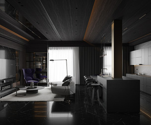 Dark living room, dining room and kitchen