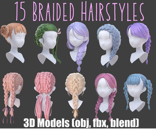 15 Braided Hairstyles 3D models- fbx, obj, blend