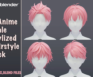 6 Stylized Anime Male Hairstyle Pack (low poly)(blender curves) -blend , OBJ, FBX files