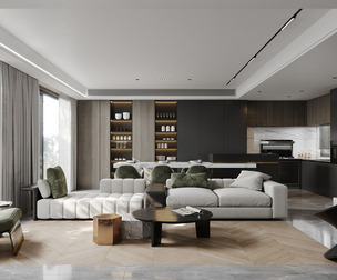 Modern living room dining room kitchen