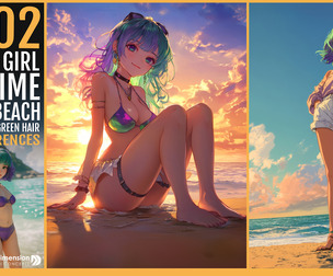 202 90s Anime Girl on Beach with Purple-Green Hair