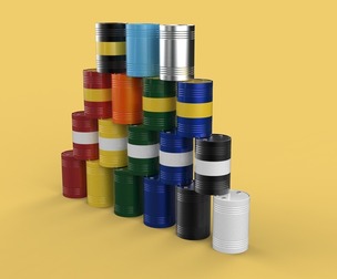 STACKED VARIOUS COLOR FUEL OIL STEEL DRUM GALLON BARREL GAS TANK