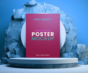 A4 Flyer Mockup Blue Stone Podium, PSD File