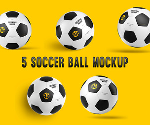 5 Soccer Ball Mockup Set, Branding Sport Equipment Advertising Presentation, PSD Files