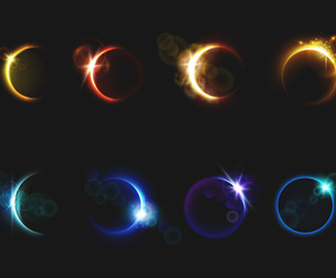 8 Realistic Eclipse Glowing Neon Sparkles, Lens Flare, Radiance Circles, EPS File