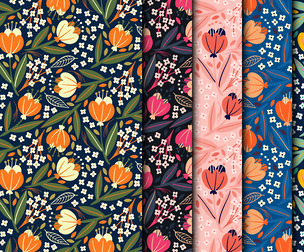 Sping Floral Seamless Patterns, Colorful Vibrant Flowers Leaves, EPS file