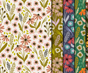 Sping Floral Seamless Patterns, Echinacea Flowers, Leafy Motifs, EPS file
