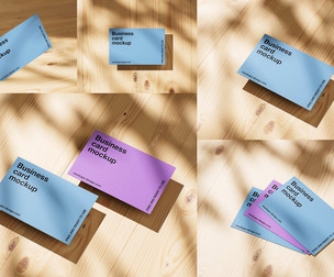 5 Colorful Business Card Mockups Wooden Background Sunlight Shadows, PSD files