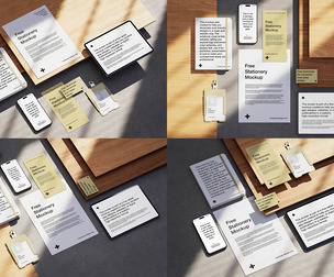 4 Modern Office Stationery Mockup Business Cards, Digital Devices, PSD Files