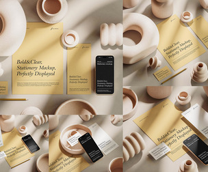 5 Modern Stationery Mockup Featuring Minimalist Design, Wooden Accessories, PSD File