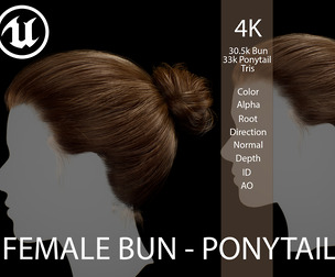 Female Bun-Ponytail hairstyle real time hair - haircards Low-poly 3D model
