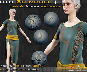 Woman Fantasy Cloth 3 3D Model + 75 Free Zbrush & Blender  Brushes +  tutorial