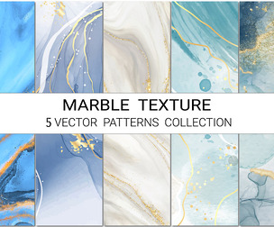 5 Abstract Marble Texture, Gold, Blue Patterns, Rock Surface, EPS File