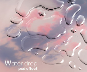 Water Drops Photo Effect, Reflective Surface. PSD Template