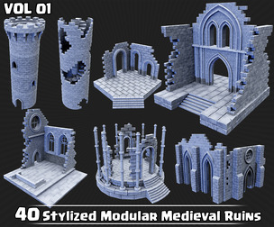 40 Stylized Modular Medieval Ruins Game Ready VOL01