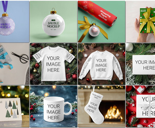 12 CHRISTMAS MOCKUPS, Ornaments, Cards, Clothing, PSD Template