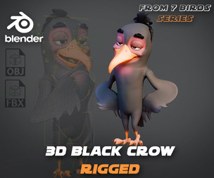 Chibi Crow - 3D Black - Rigged Cartoon Bird