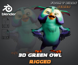 Chibi Owl - 3D green - Rigged Cartoon Bird