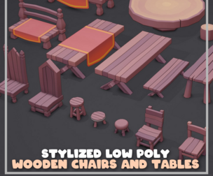 Stylized Low Poly Wooden Tables and Chairs