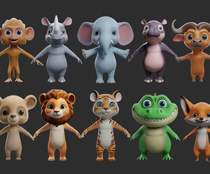 🌻10 Wild Animals Cartoon - ( Monkey, Elephant, Hippo, Buffalo, Bear, Lion, Tiger, Crocodile)