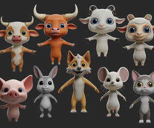 🌻9 Domestic Animals Cartoon - Topology + Uv Map