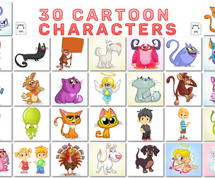 30 Cartoon Character Illustrations, Cute Animals, Kids, Fantasy Heroes, Humans, EPS File