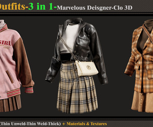 3 in 1 Girls Outfits- MD-Clo3d-OBJ-FBX-ZPRJ-Materials-Textures
