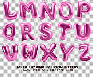 Realistic Metallic Pink Balloon Letters English Alphabet, PNG