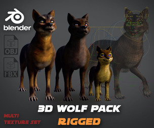 Wolf Pack Rigged Cartoon-Realistic 3D Model Pack for Blender