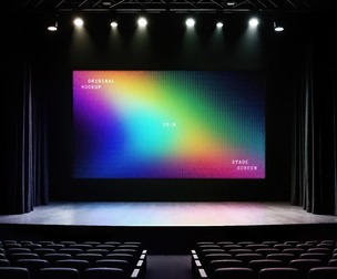 Realistic Theater Stage Screen Mockup – High-Resolution Auditorium Presentation PSD Template