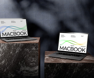 Dual MacBook Laptop Mockup on Marble Pedestals — PSD Template for App, Website & Portfolio